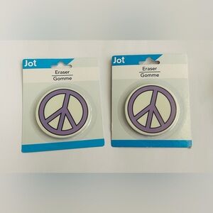 New 2 Peace Erasers Peace Sign Purple 2 3/4” Round Jot Eraser